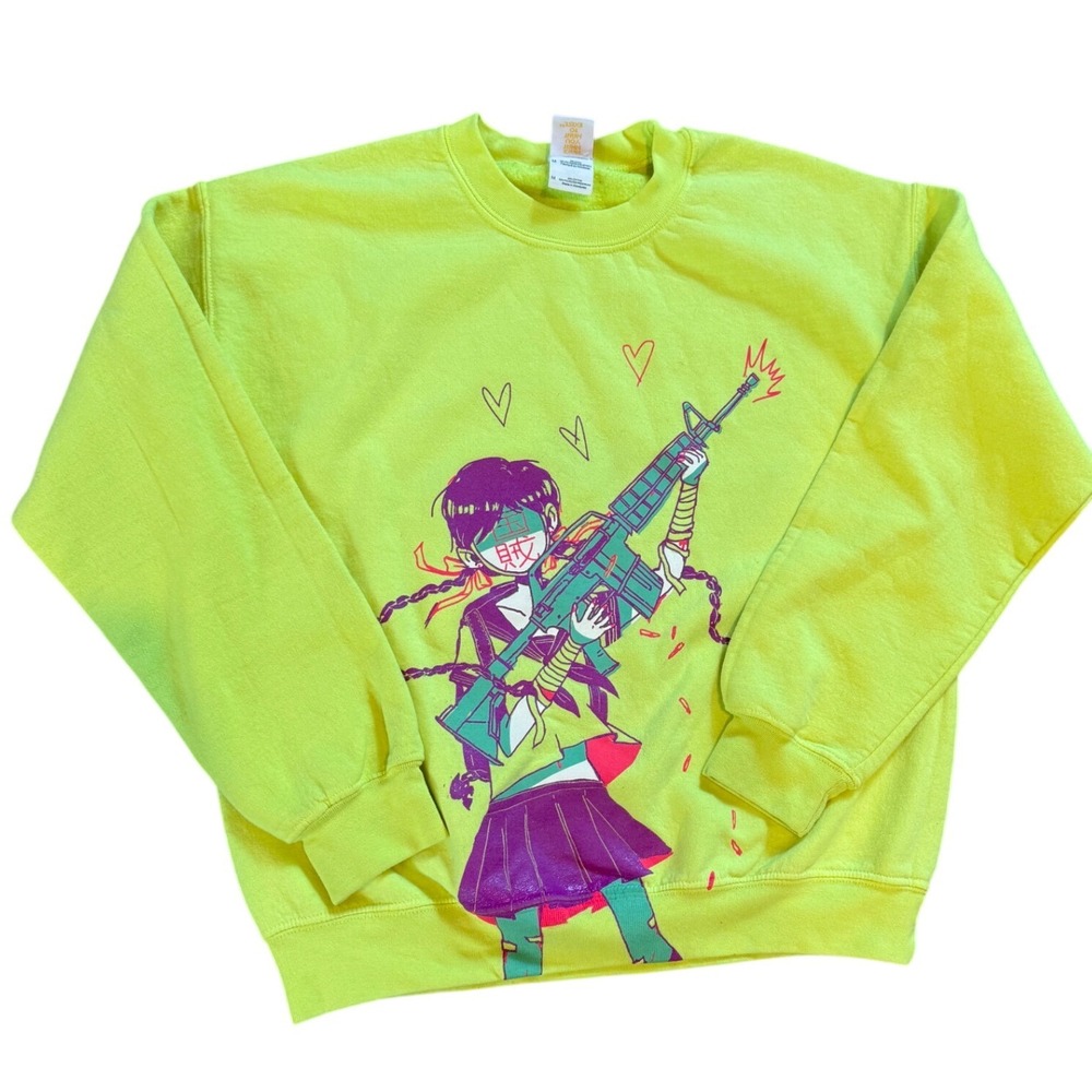 Omocat Neon Lime Green Anime GunGirl Graphic Sweatshirt Med Streetwear Pullover